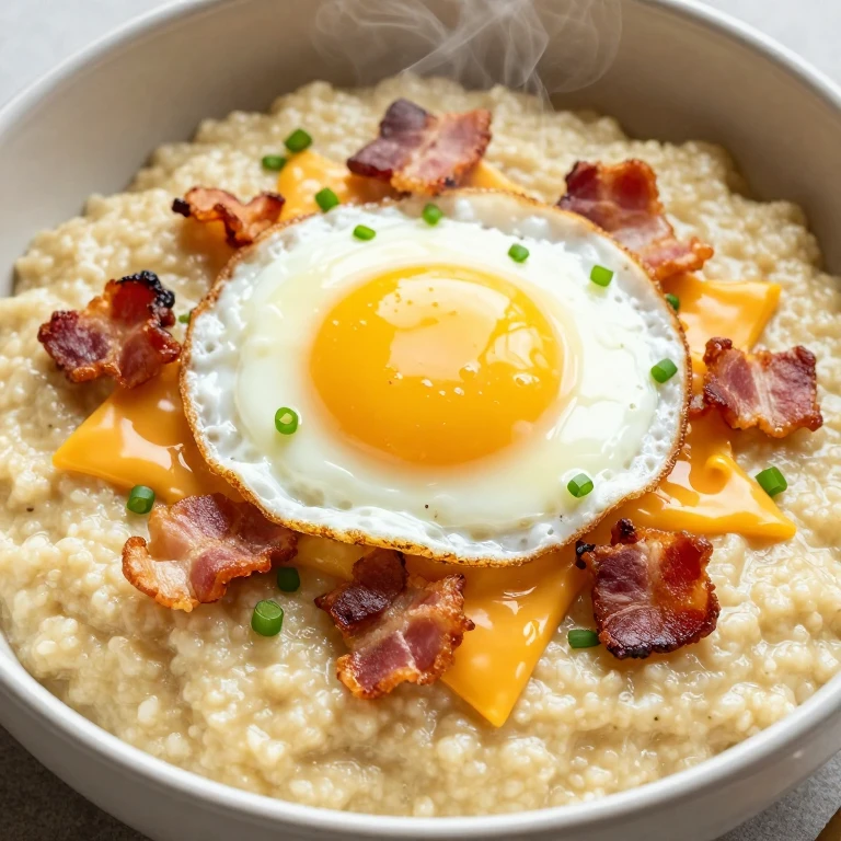 Creamy grits topped with fried egg, crispy bacon, and melted cheddar