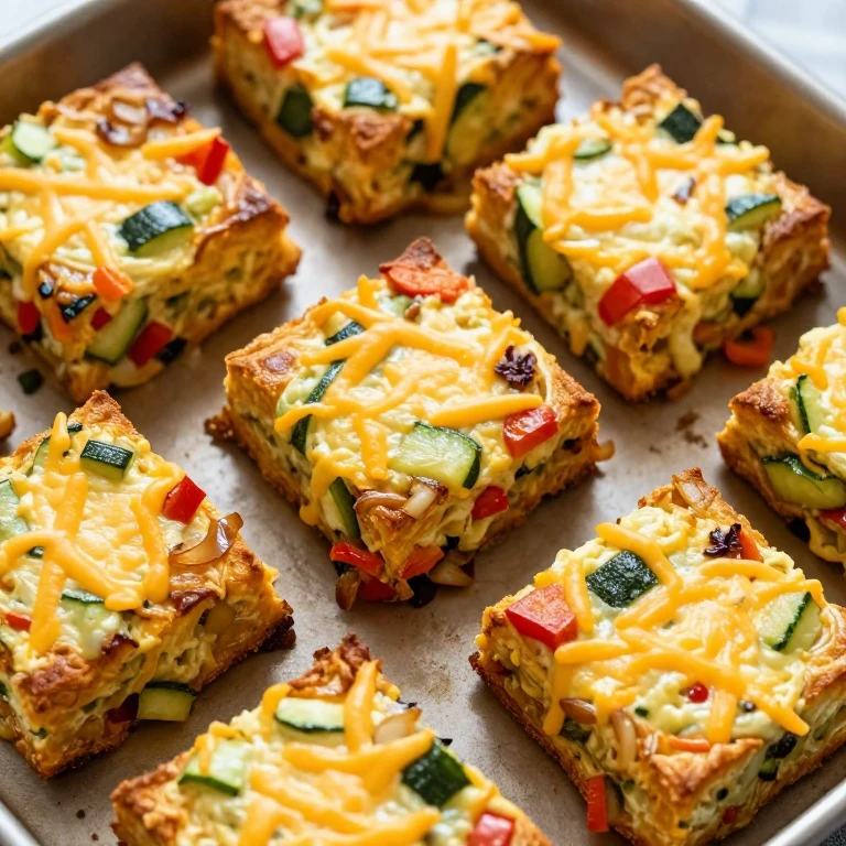 Golden baked veggie egg squares with peppers, zucchini, and melted cheddar