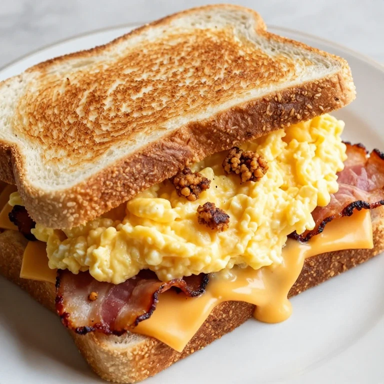 Egg sandwich with melted cheddar, scrambled eggs, and crispy bacon