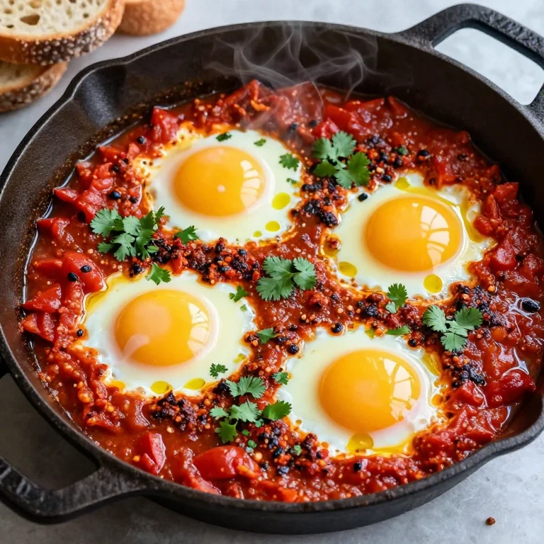 Cast-iron skillet with harissa tomato sauce, eggs, and fresh cilantro