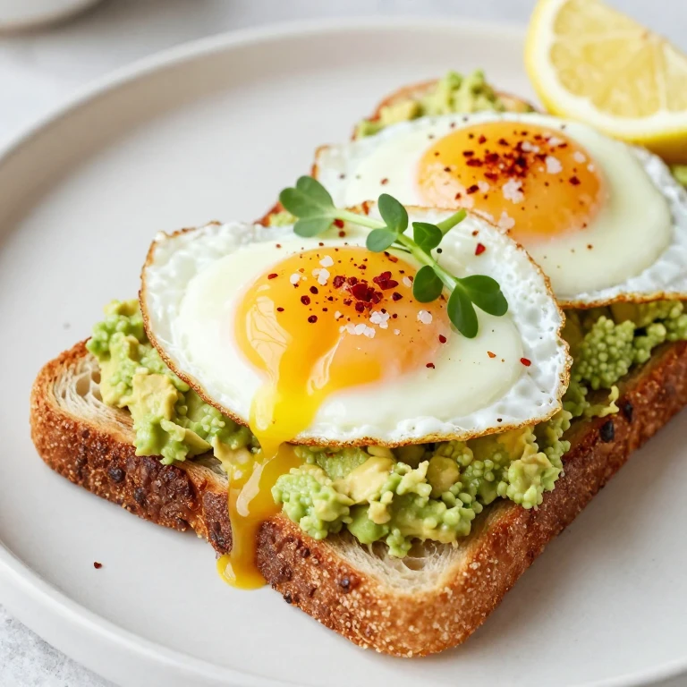 Avocado toast with soft-boiled or fried egg, red pepper flakes, and microgreens