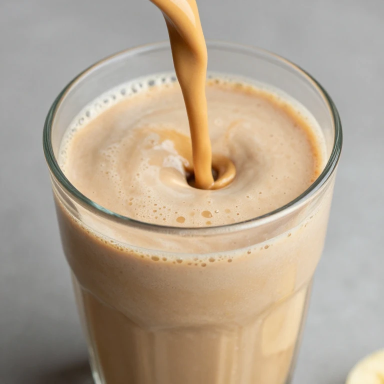 peanut butter banana smoothie in a tall glass with creamy texture