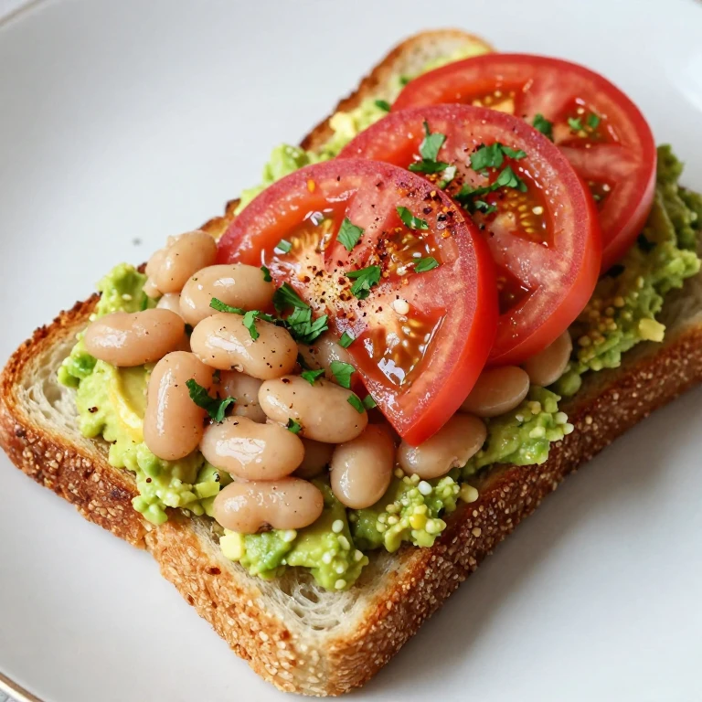 avocado toast with white beans, tomato slices, and fresh herbs