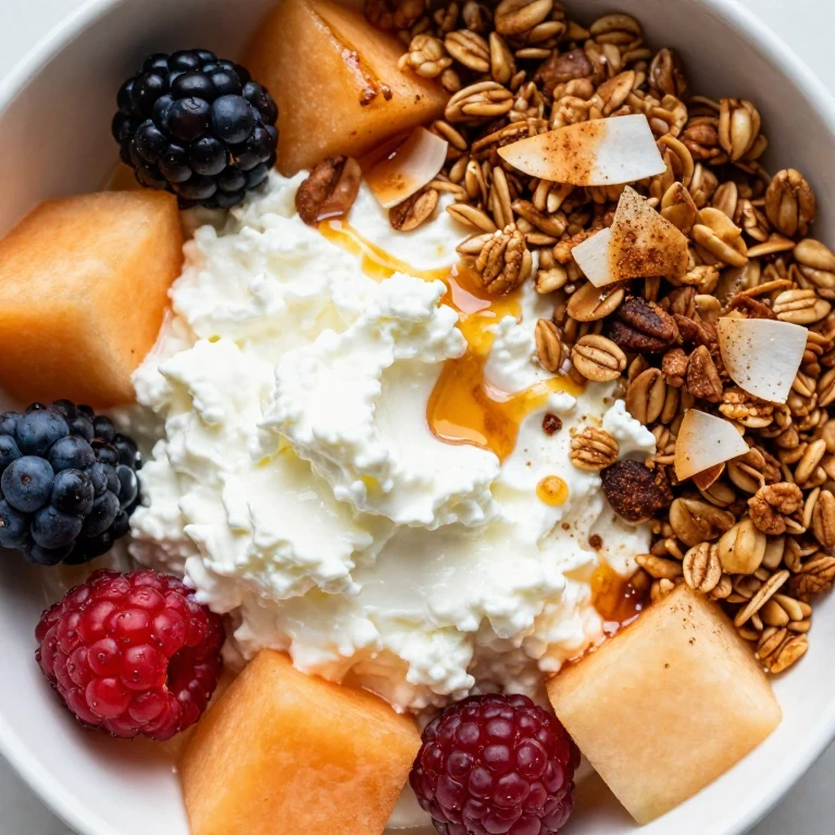 cottage cheese fruit bowl with granola, honey, and cinnamon topping
