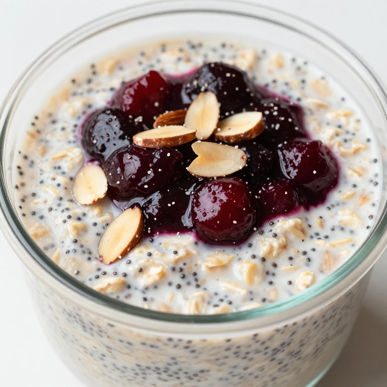 overnight oats with chia seeds and warm berry compote topped with almonds