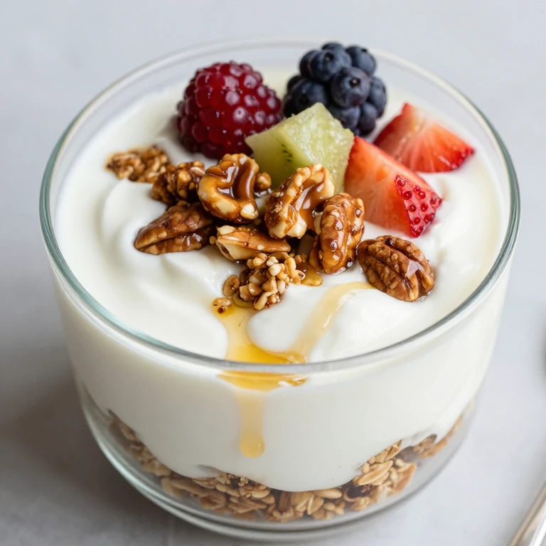 yogurt parfait with honeyed nuts, granola, and fresh berries in layers