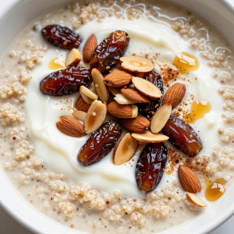 quinoa breakfast bowl with dates, almonds, and honey drizzle