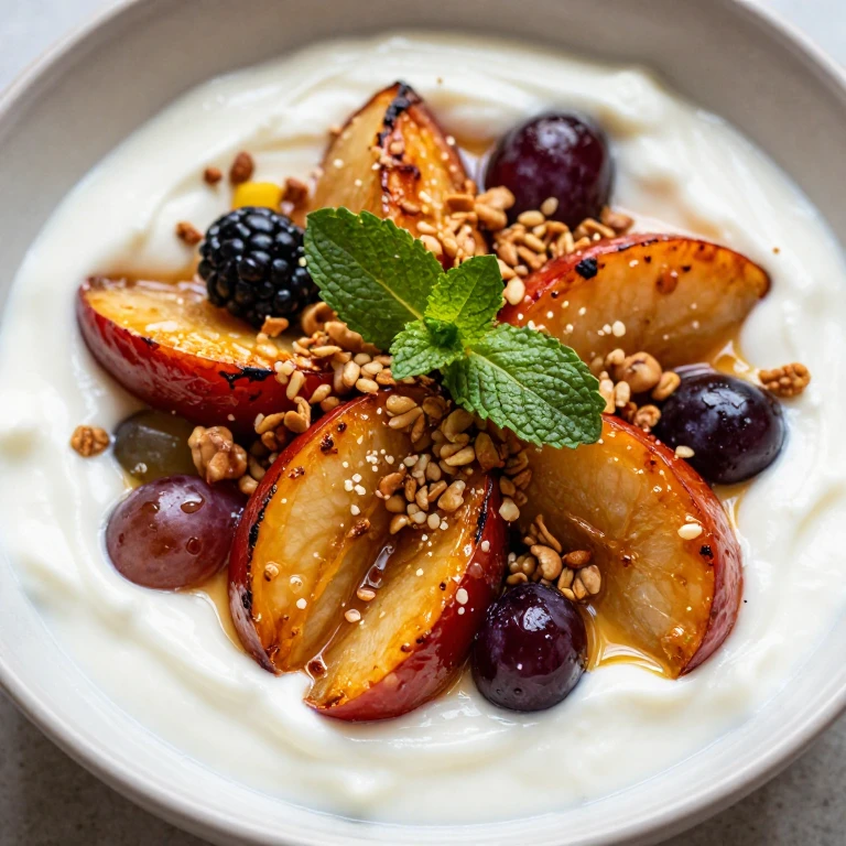 roasted fruit over yogurt with granola and fresh mint leaves