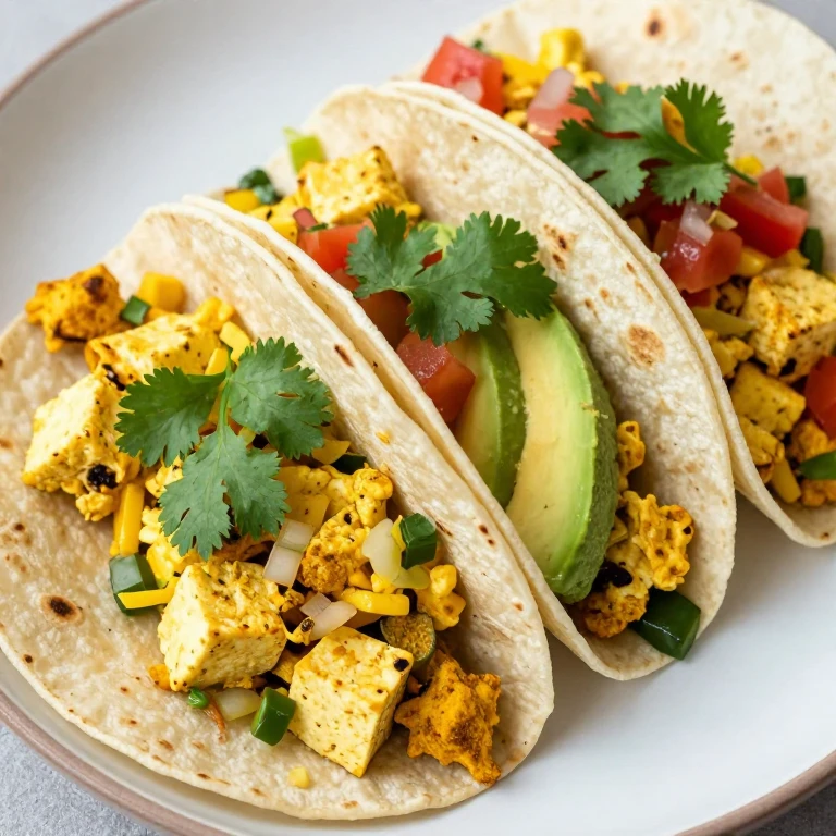 tofu scramble breakfast tacos with cilantro, avocado, and salsa