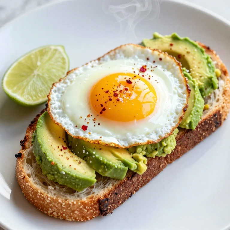 Avocado toast with sunny-side-up egg, chili flakes, and lime wedge
