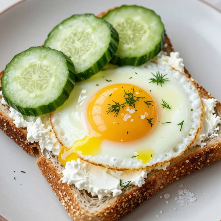 Toast with cottage cheese, cucumber slices, and fried egg with fresh dill
