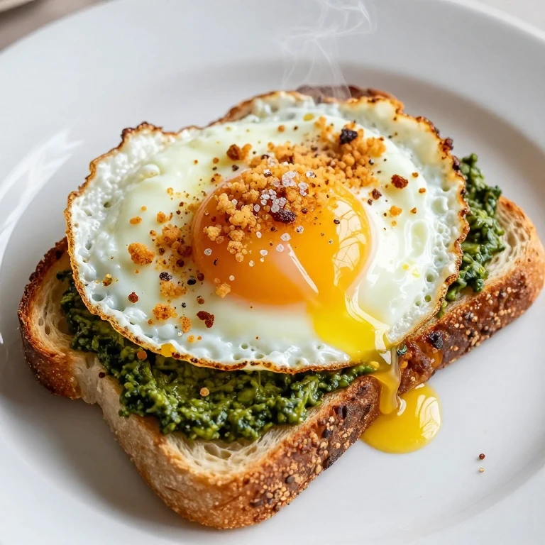 Pesto toast with fried egg and crispy panko breadcrumb topping
