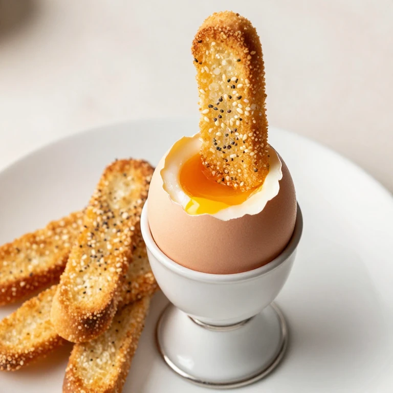 Soft-boiled egg in cup with buttered toast soldiers and everything bagel seasoning