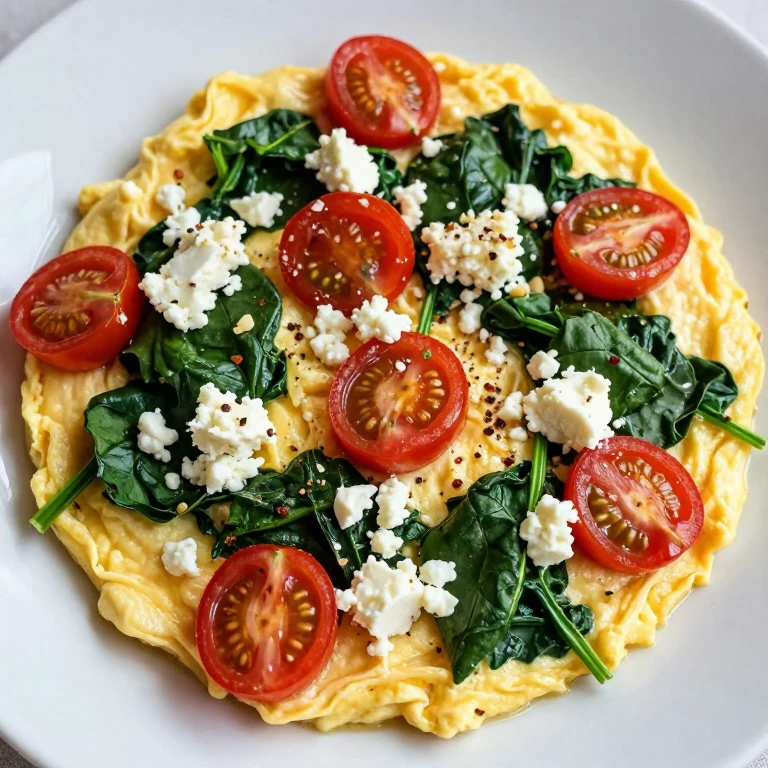 Scrambled eggs with spinach, cherry tomatoes, and crumbled feta cheese