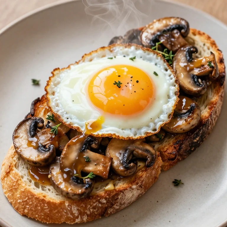 Sourdough toast with sautéed mushrooms, thyme, fried egg, and brown butter
