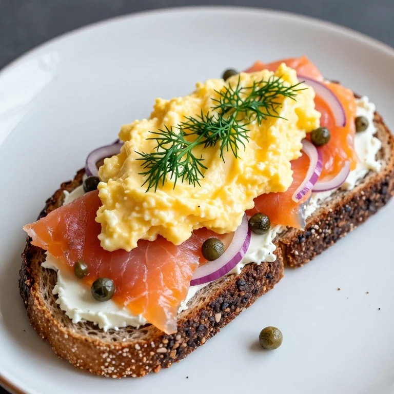 Rye toast with cream cheese, smoked salmon, capers, and soft-scrambled eggs
