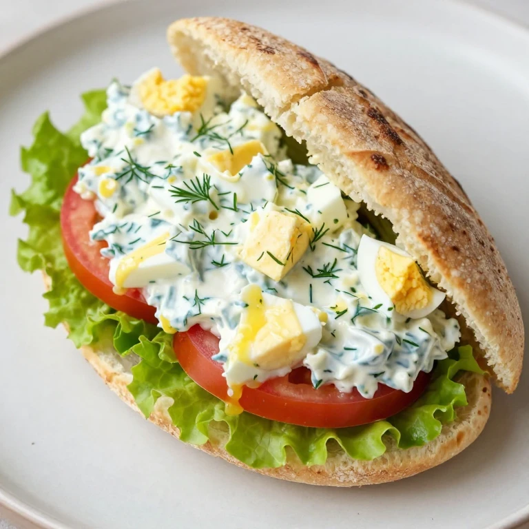 Whole-wheat pita filled with egg salad, lettuce, tomato, and fresh dill