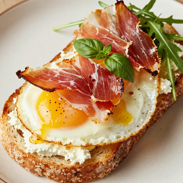 Ricotta toast with fried eggs, crispy prosciutto, and drizzled hot honey