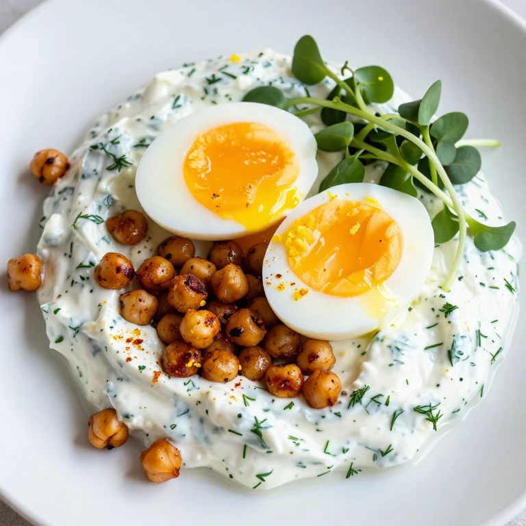 Soft-boiled eggs on herbed yogurt with crispy roasted chickpeas and microgreens