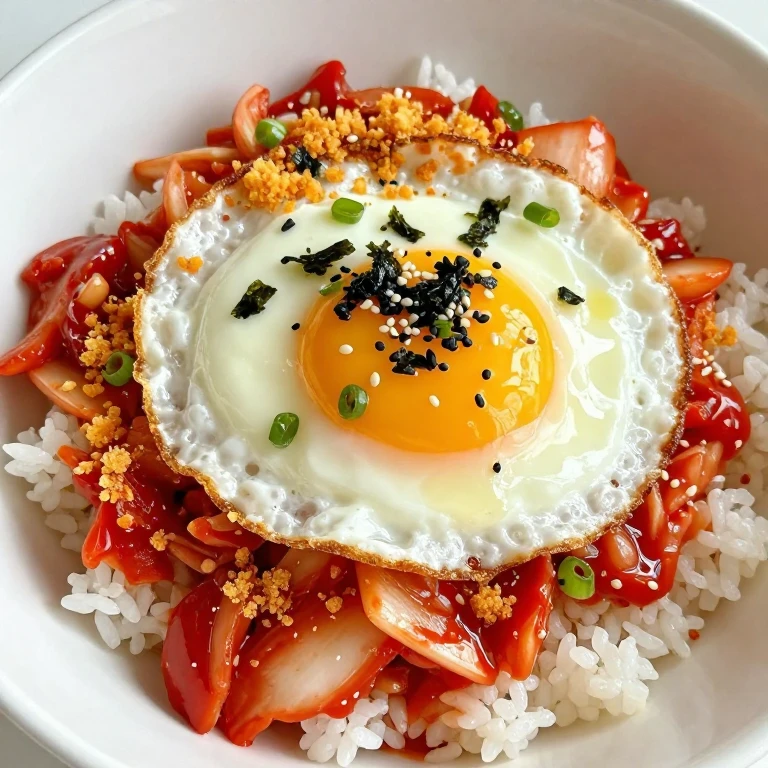 Rice bowl with kimchi, fried egg, gochujang breadcrumbs, nori, and sesame