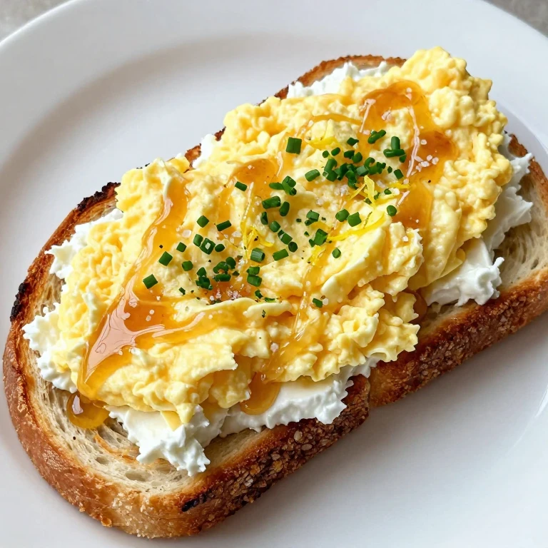 soft-scrambled eggs on ricotta toast with hot honey drizzle and lemon zest