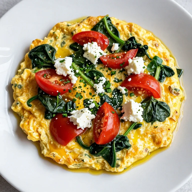 Scrambled eggs with spinach, tomatoes, and feta cheese on a plate