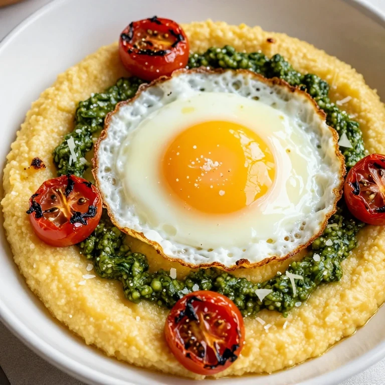 Creamy polenta with fried egg, charred cherry tomatoes, and basil pesto
