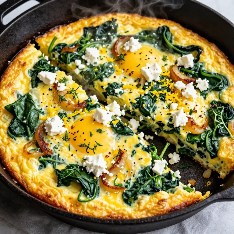 creamy spinach feta frittata in skillet with lemon zest and dill garnish