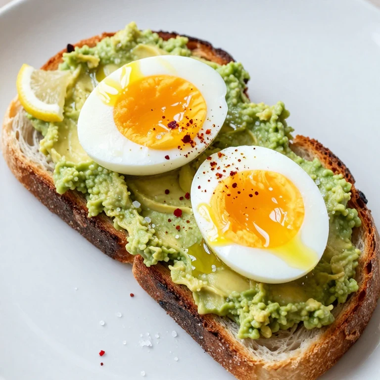 Golden toast with mashed avocado and soft-boiled egg, drizzled with olive oil
