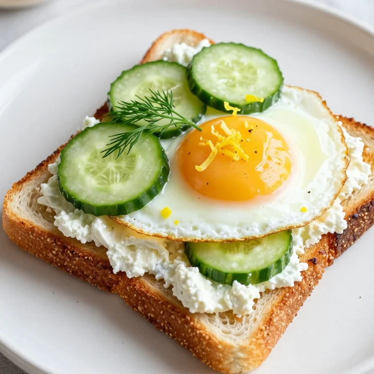 Toast with cottage cheese, fried egg, and cucumber slices with fresh dill