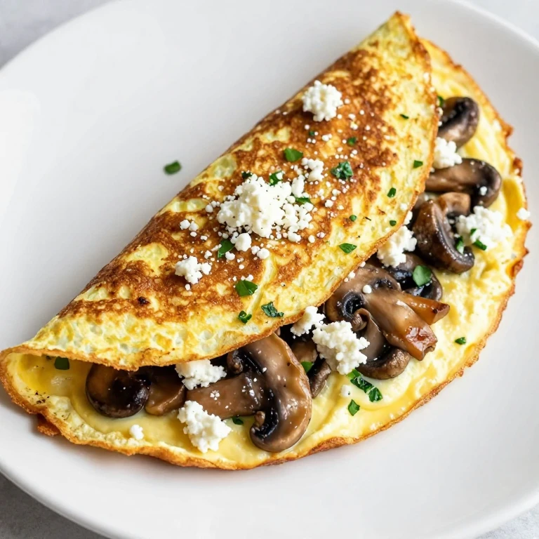 Folded omelette filled with golden mushrooms and crumbled feta cheese