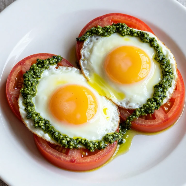 Fried eggs with runny yolks on tomato slices with green pesto