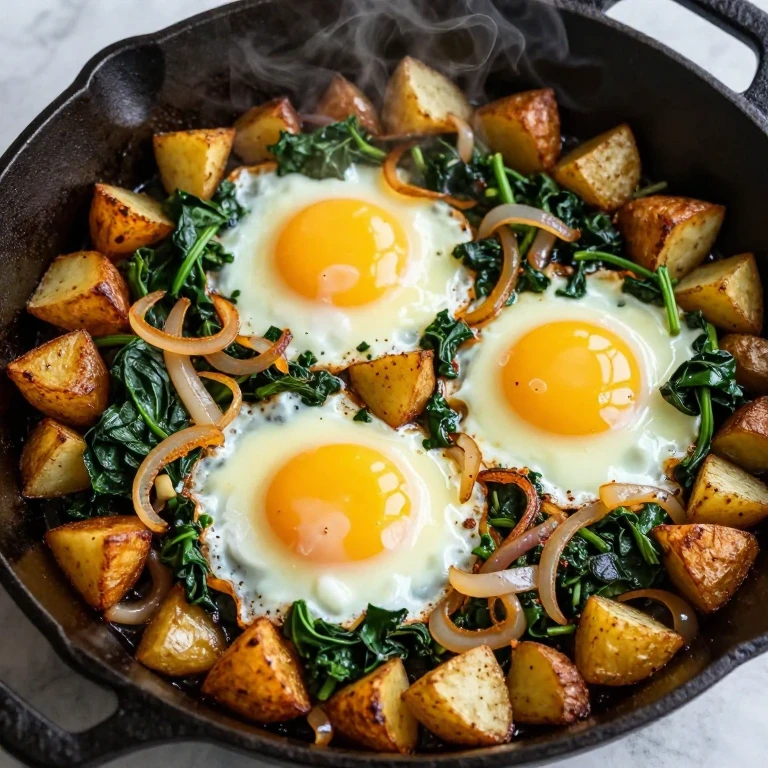 Cast-iron skillet with crispy potatoes, eggs, and dark leafy greens