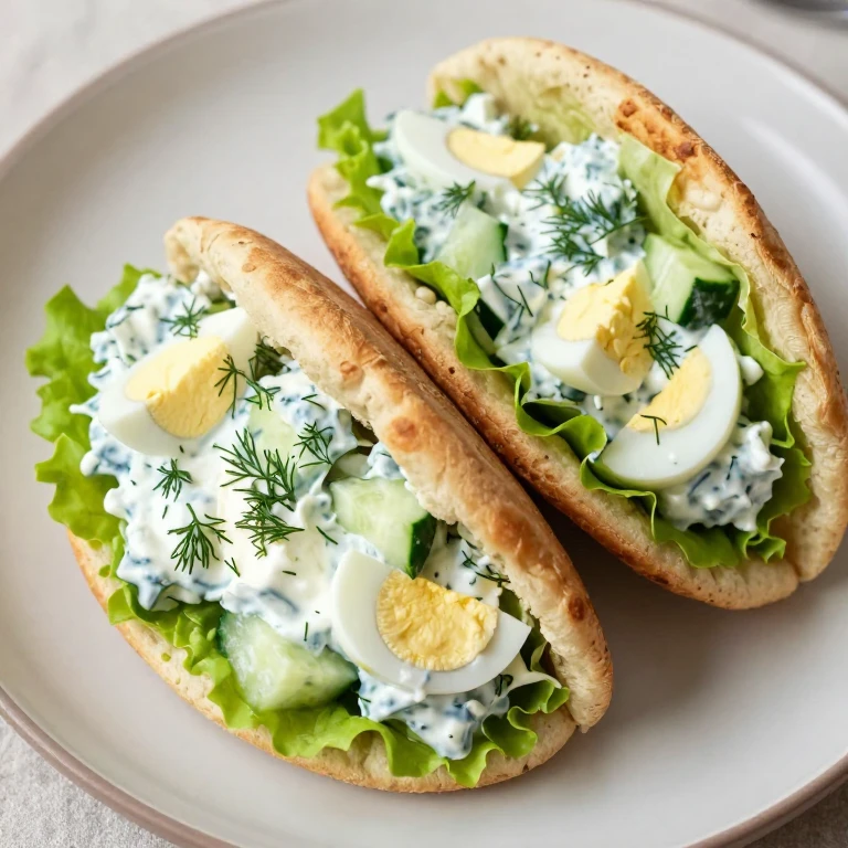 Whole-wheat pita pockets filled with creamy dill egg salad and lettuce