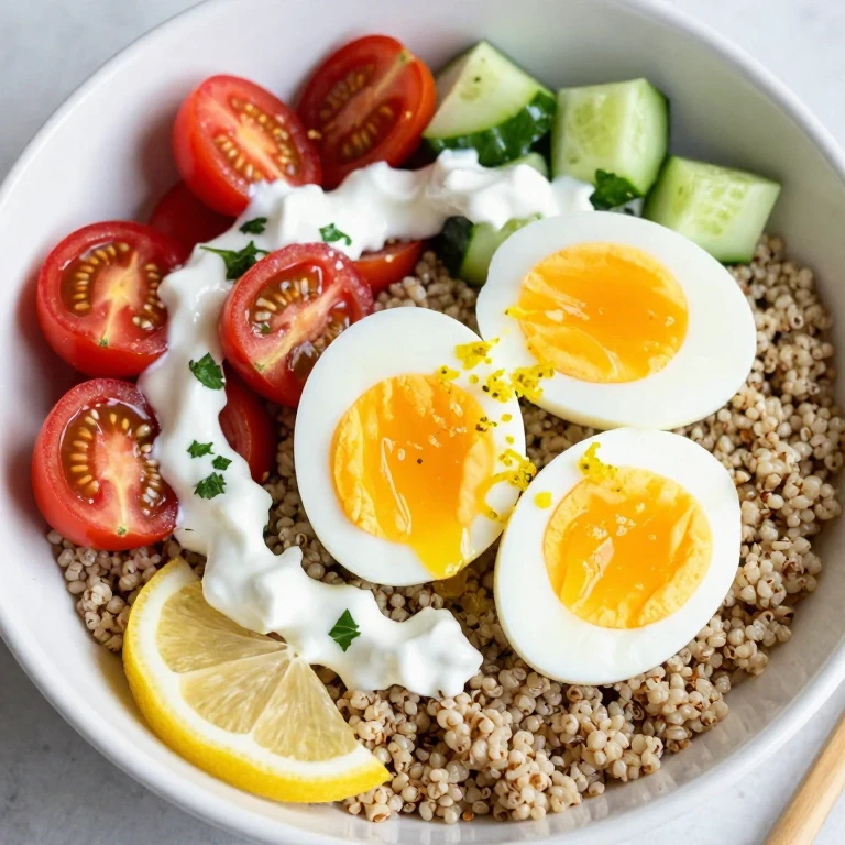 Quinoa bowl topped with soft-boiled egg, tomatoes, cucumber, and yogurt