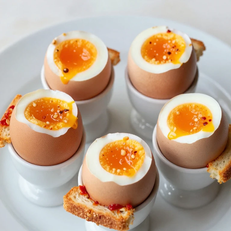 Soft-boiled eggs in cups with crispy chili-butter toast soldiers