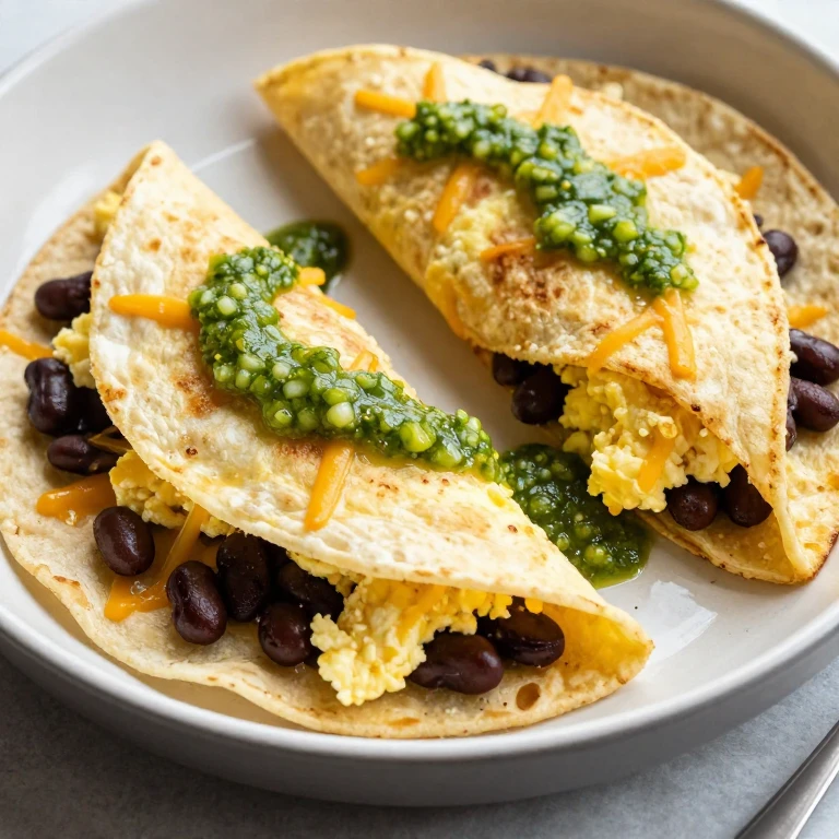 Folded tortillas filled with scrambled eggs and beans, topped with green salsa