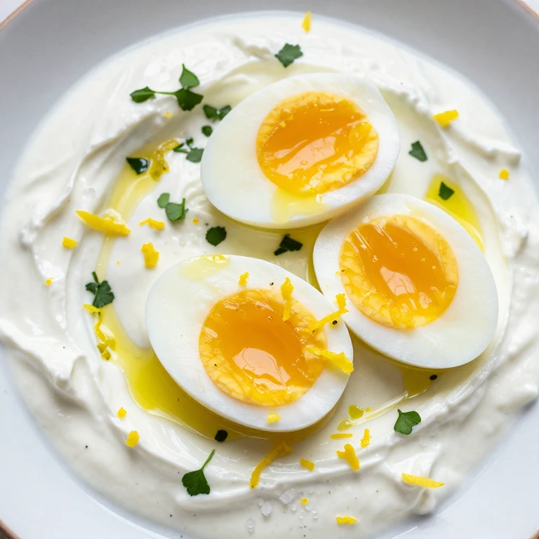 Soft-boiled eggs halved over herbed yogurt with olive oil and lemon