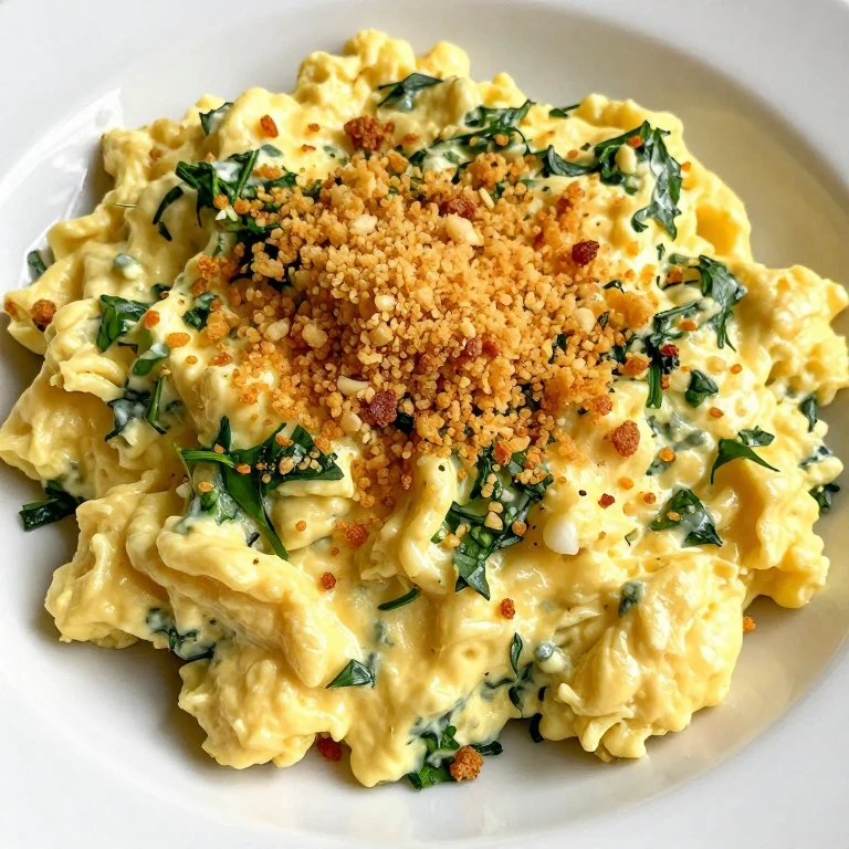 Soft scrambled eggs topped with crispy garlic breadcrumbs and fresh herbs