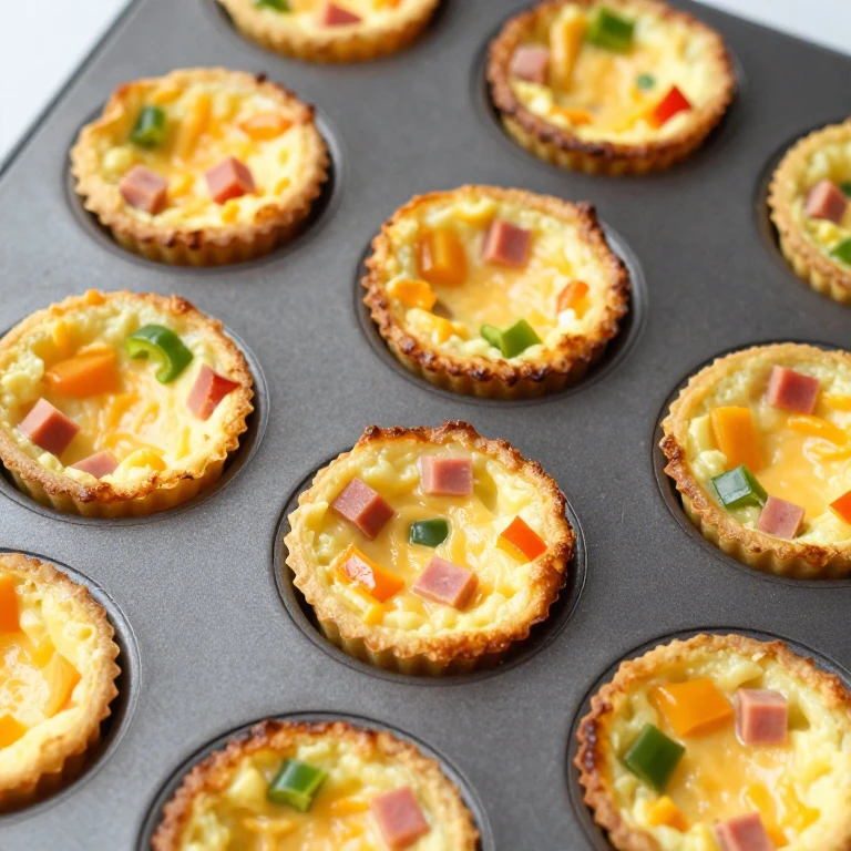 Golden-brown mini muffin-tin omelette cups with cheese and ham