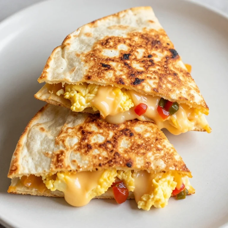Golden quesadilla triangles with melted cheese and scrambled eggs