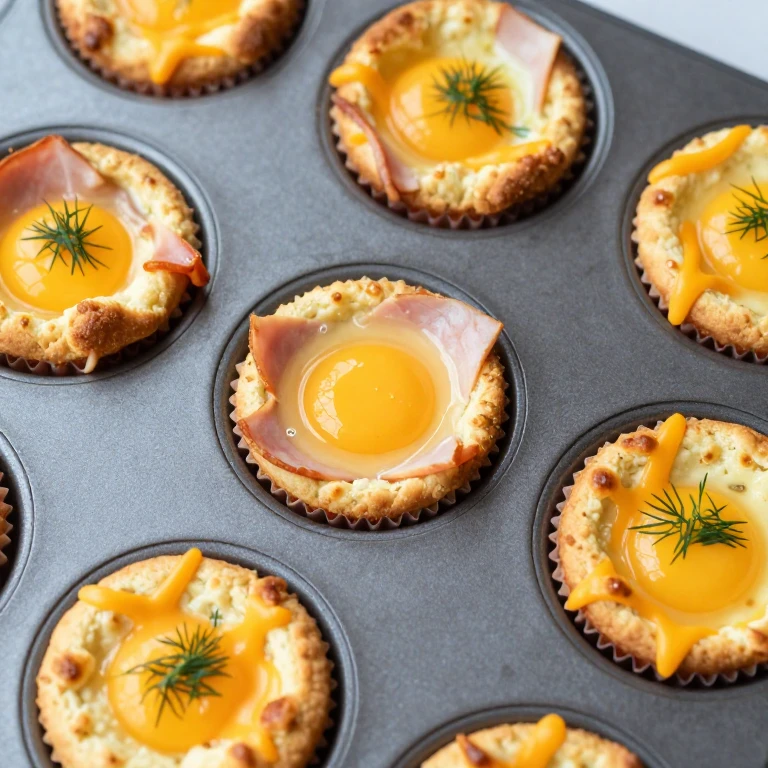 Golden biscuit cups with baked eggs, ham, and melted cheddar cheese