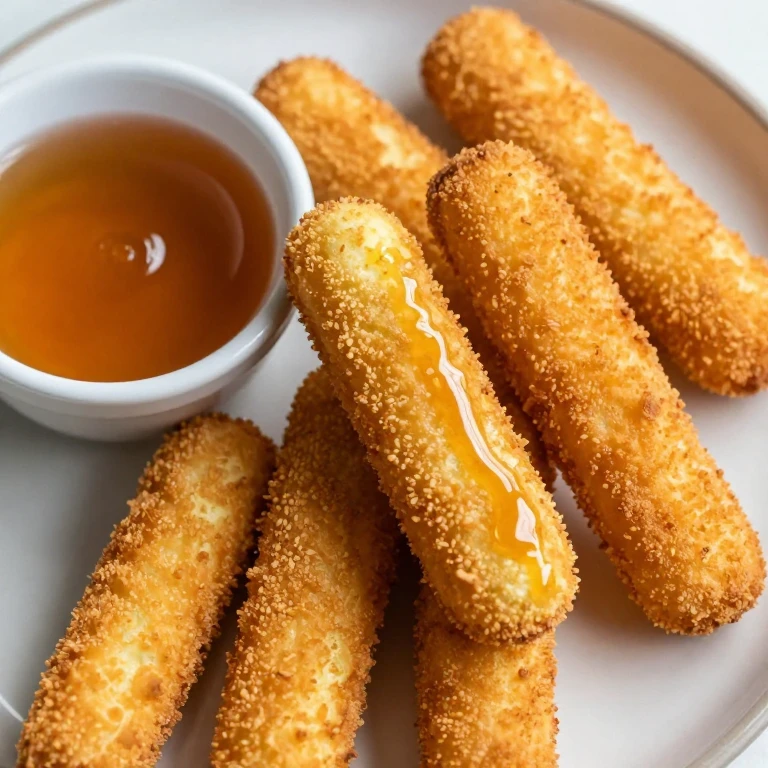 Golden pancake-battered egg sticks with warm maple syrup for dipping