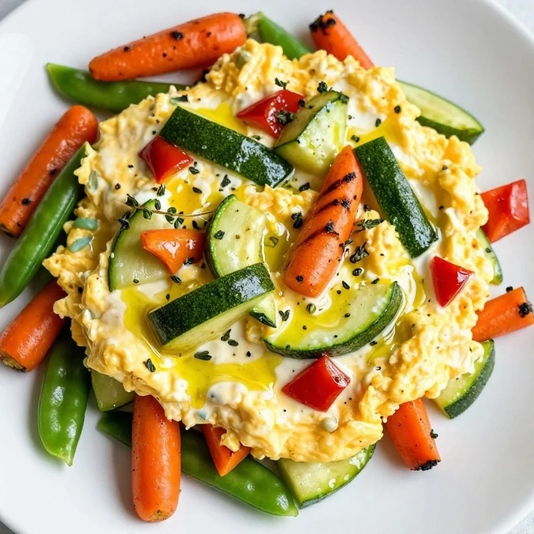 Creamy scrambled eggs with roasted rainbow vegetables and herb oil