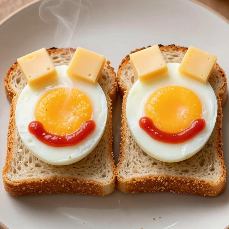 Playful smiley egg-in-a-hole faces with cheese eyes and ketchup smile