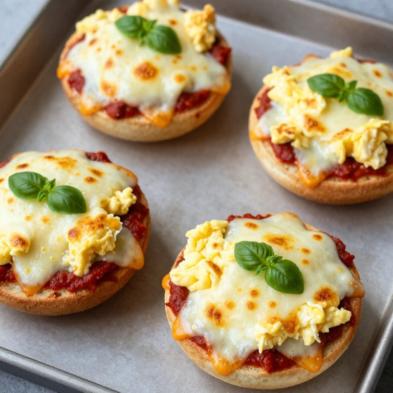 Broiled English muffins topped with scrambled eggs, marinara, and melted mozzarella