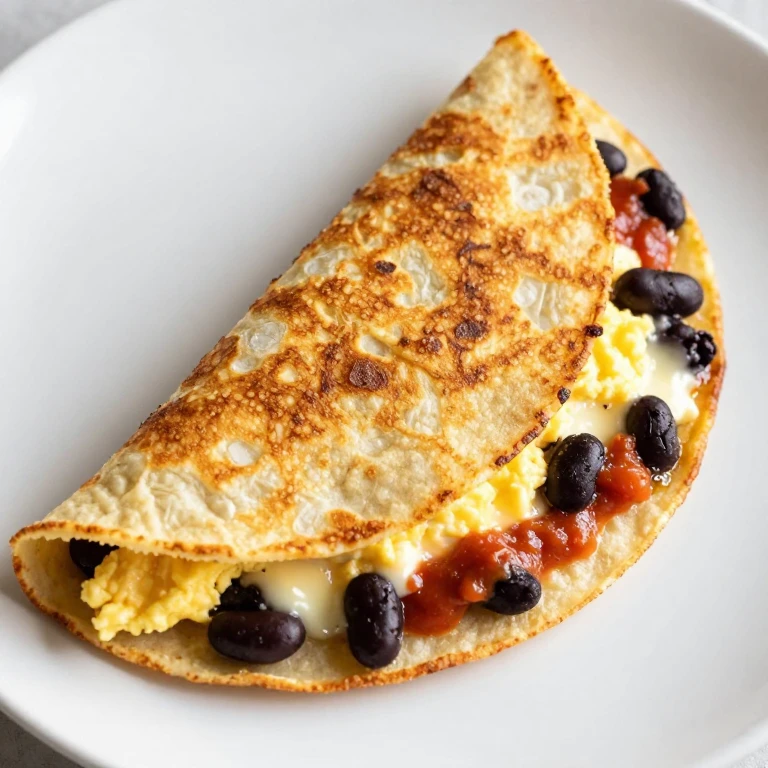 Golden-brown tortilla folds with scrambled eggs, beans, salsa, and cheese