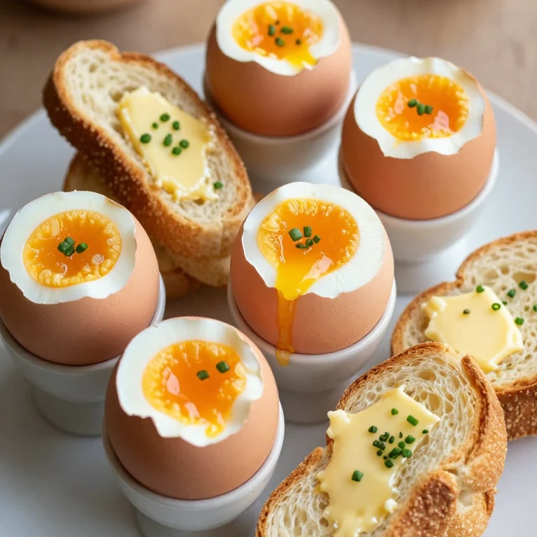 Soft-boiled eggs in cups with buttered whole-grain toast soldiers for dunking