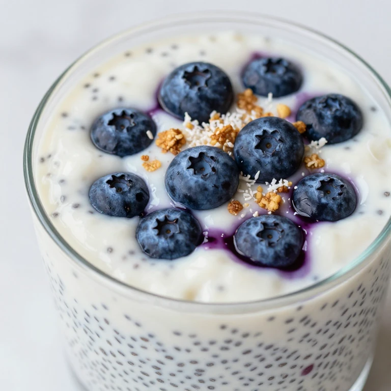 Chia seed pudding with fresh blueberries in white cup