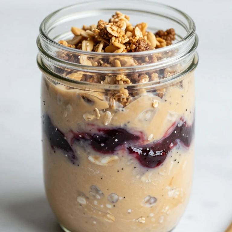 Overnight oats with peanut butter and jam swirl in mason jar